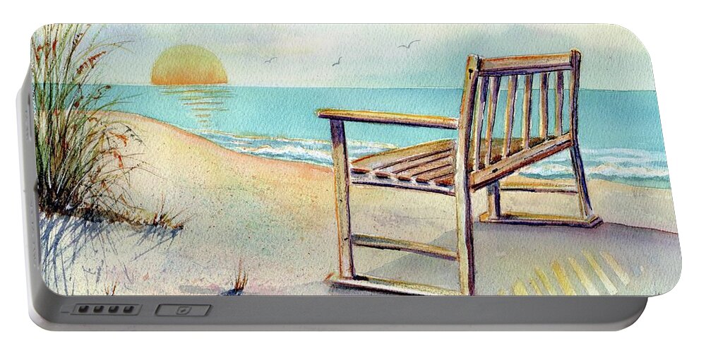 Beach Portable Battery Charger featuring the painting Beach Bench by Midge Pippel
