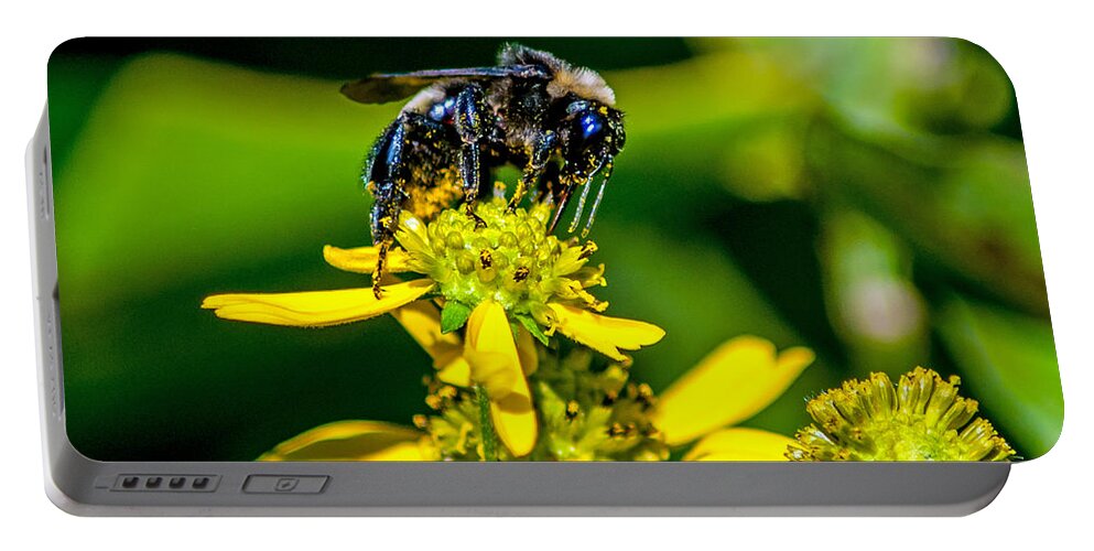 Petals Portable Battery Charger featuring the photograph Bee on Yellow Flower by Stephen Whalen