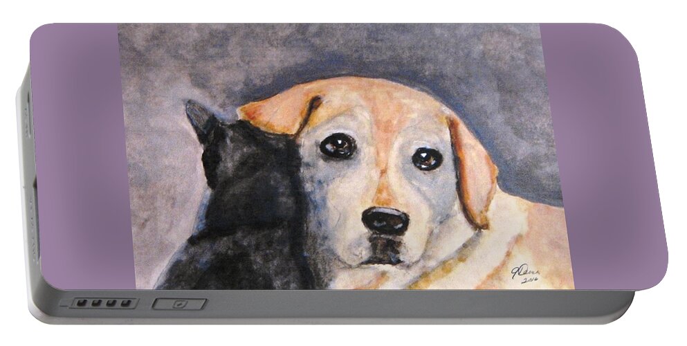 Yellow Labs Portable Battery Charger featuring the painting Best Friends #1 by Angela Davies