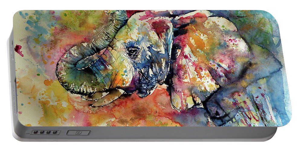 Elephant Portable Battery Charger featuring the painting Big colorful elephant by Kovacs Anna Brigitta