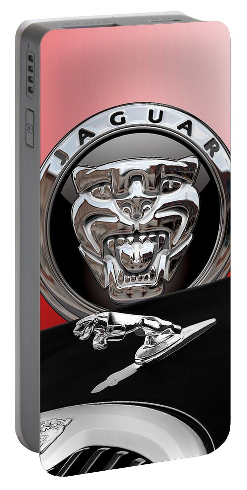 'auto Badges' Collection By Serge Averbukh Portable Battery Charger featuring the photograph Black Jaguar - Hood Ornaments and 3 D Badge on Red by Serge Averbukh