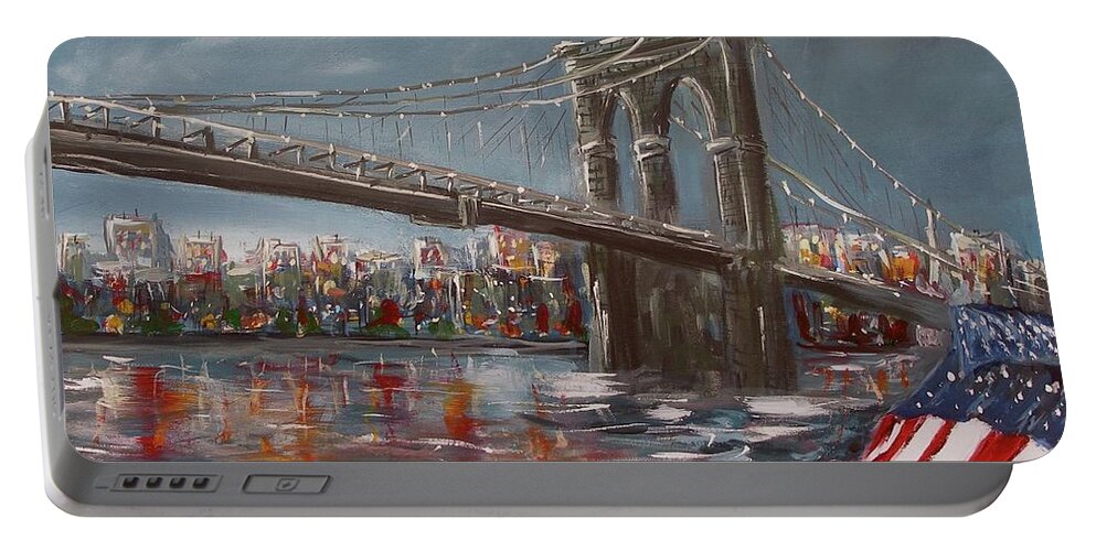 Brooklyn Bridge New York Town Big Apple Blue Evening American Flag Red White Manhattan Usa Lights Street Water Bay River Reflection Colors Acrylic Painting On Canvas Print Miroslaw Chelchowski Portable Battery Charger featuring the painting Brooklyn Bridge #1 by Miroslaw Chelchowski