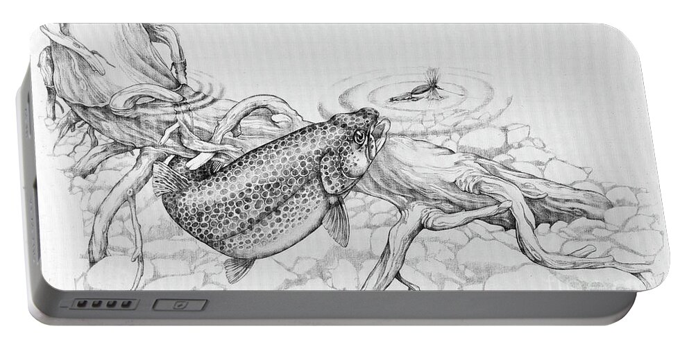 Jq Licensing Portable Battery Charger featuring the painting Brown Trout pencil Study #1 by Jon Q Wright