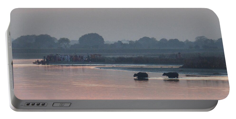 Buffalo Portable Battery Charger featuring the photograph Buffalos crossing The Yamuna river by Jean luc Comperat