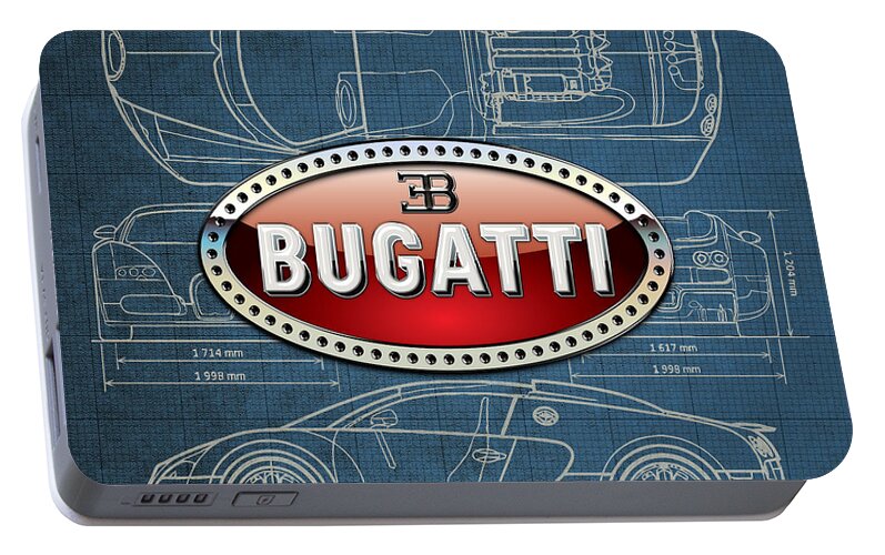 wheels Of Fortune By Serge Averbukh Portable Battery Charger featuring the photograph Bugatti 3 D Badge over Bugatti Veyron Grand Sport Blueprint #1 by Serge Averbukh