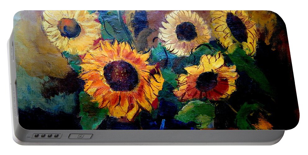  Sunflowers Portable Battery Charger featuring the painting By Edgar A. Batzell Sunflowers by Priscilla Batzell Expressionist Art Studio Gallery