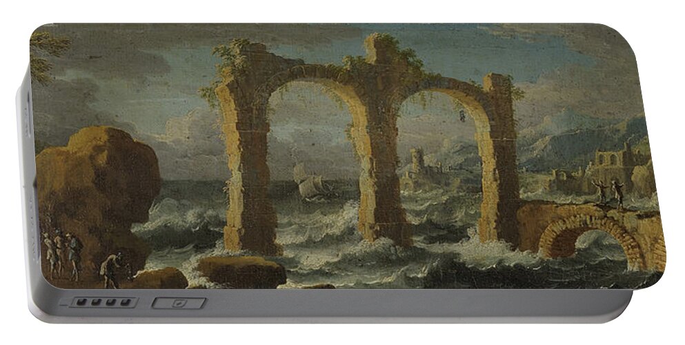 Leonardo Coccorante Napoli 1680 � 1750 Portable Battery Charger featuring the painting Capriccio with a storm on the sea by MotionAge Designs