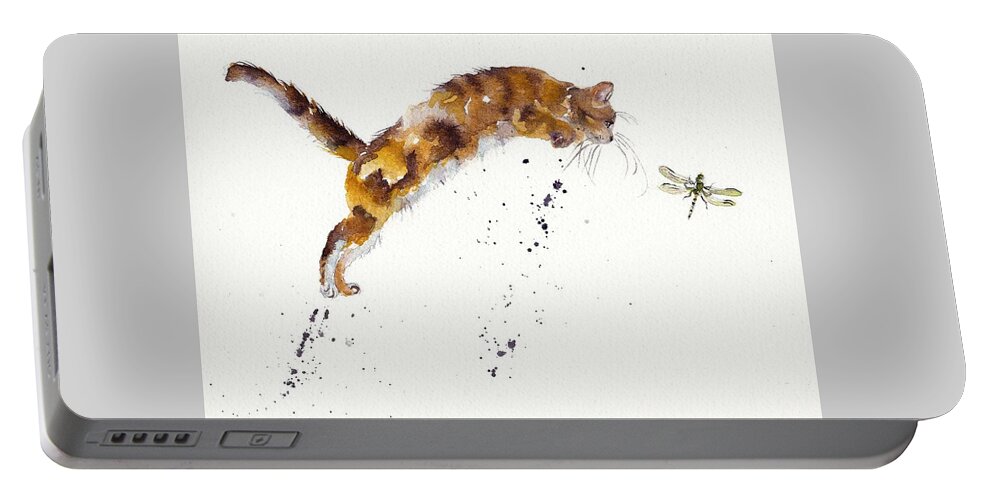 Cat Portable Battery Charger featuring the painting Chasing the Dragon - Leaping Cat by Debra Hall