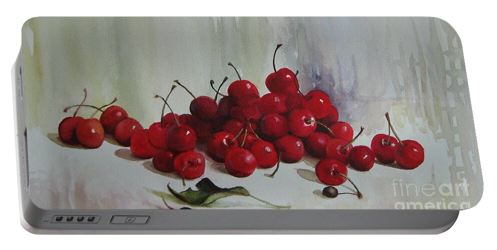 Fruits Portable Battery Charger featuring the painting Cherries #1 by Elena Oleniuc