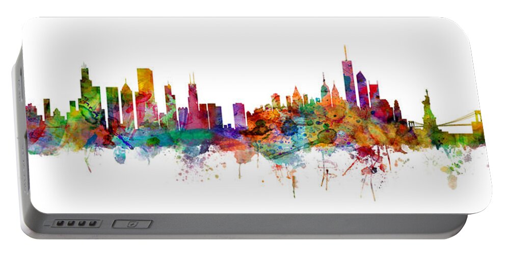 Chicago Portable Battery Charger featuring the digital art Chicago And New York City Skylines Mashup by Michael Tompsett