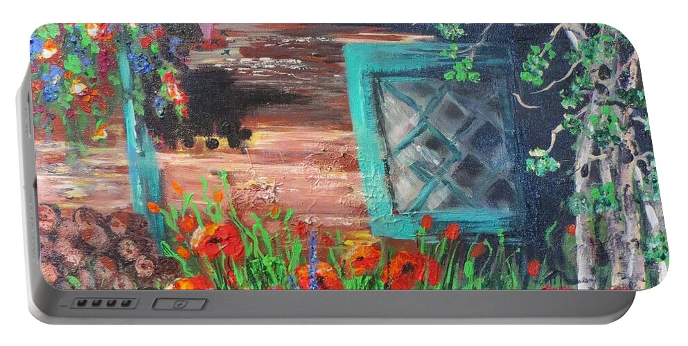 Cabin Portable Battery Charger featuring the painting Chicago Creek Cabin by Marilyn Quigley