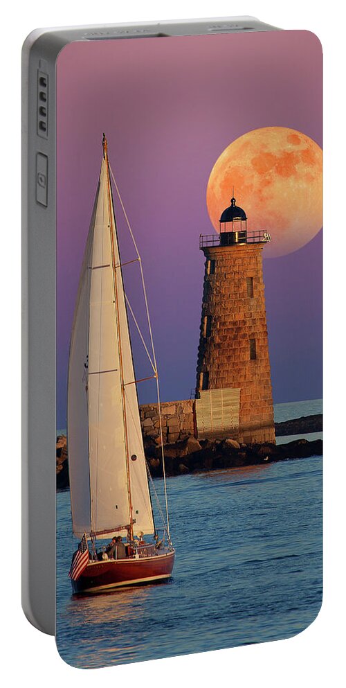 Moon Lunar Full Moon Sea Sailboat Boat Sunset Sunrise Dawn Dusk Astronomy Astronomical Water Peaceful Peace Quiet Nautical Lighthouse Light House Seashore Portable Battery Charger featuring the photograph Convergence by Larry Landolfi