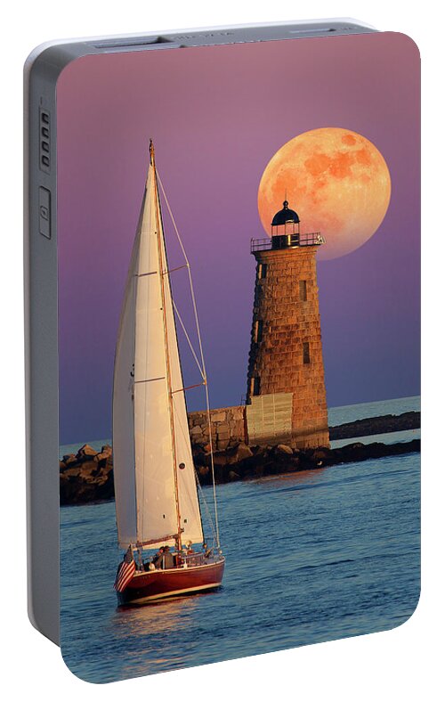 Moon Lunar Full Moon Sea Sailboat Boat Sunset Sunrise Dawn Dusk Astronomy Astronomical Water Peaceful Peace Quiet Nautical Lighthouse Light House Seashore Portable Battery Charger featuring the photograph Convergence #1 by Larry Landolfi