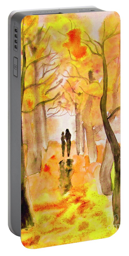 Art Portable Battery Charger featuring the painting Couple on autumn alley, painting #1 by Irina Afonskaya