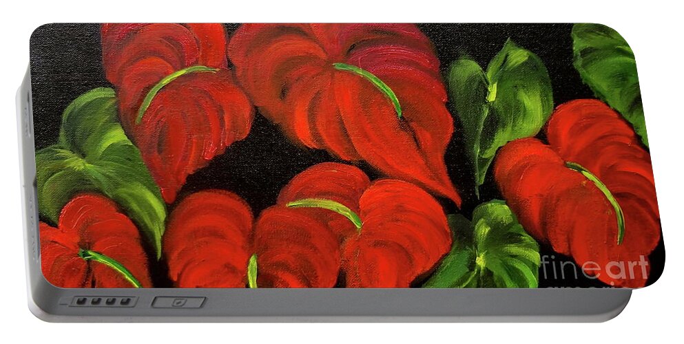 Red Flower Portable Battery Charger featuring the painting Dancing Anthuriums #1 by Jenny Lee
