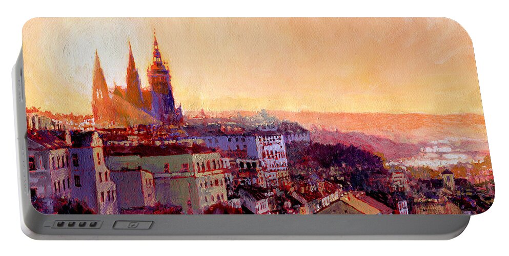 Acrilic Portable Battery Charger featuring the painting Sundown over Prague by Yuriy Shevchuk