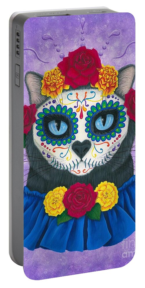 Dia De Los Muertos Gato Portable Battery Charger featuring the painting Day of the Dead Cat Gal - Sugar Skull Cat by Carrie Hawks