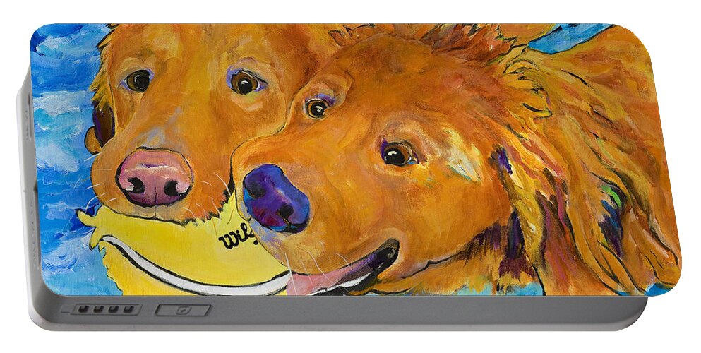Golden Retriever Portable Battery Charger featuring the painting Double Your Pleasure #1 by Pat Saunders-White