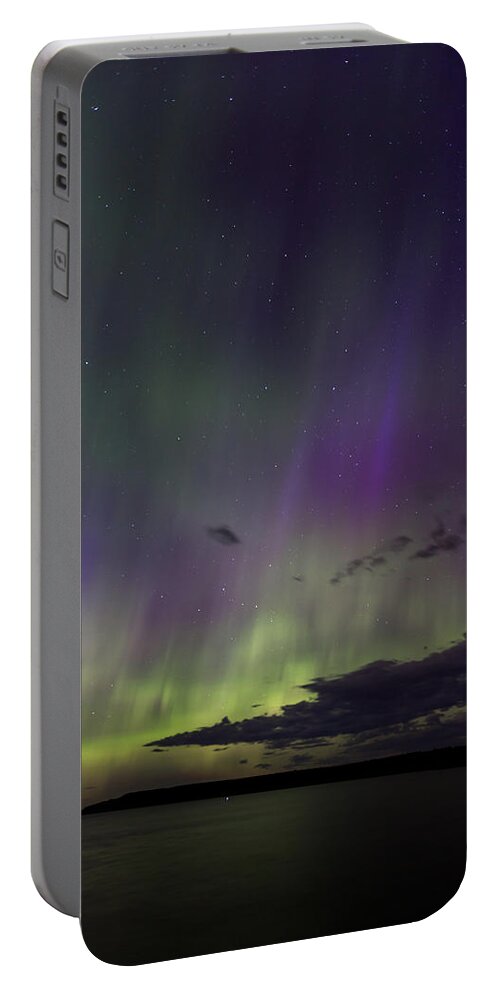Aurora Portable Battery Charger featuring the photograph Fish Creek Marina Northern Lights #1 by Paul Schultz