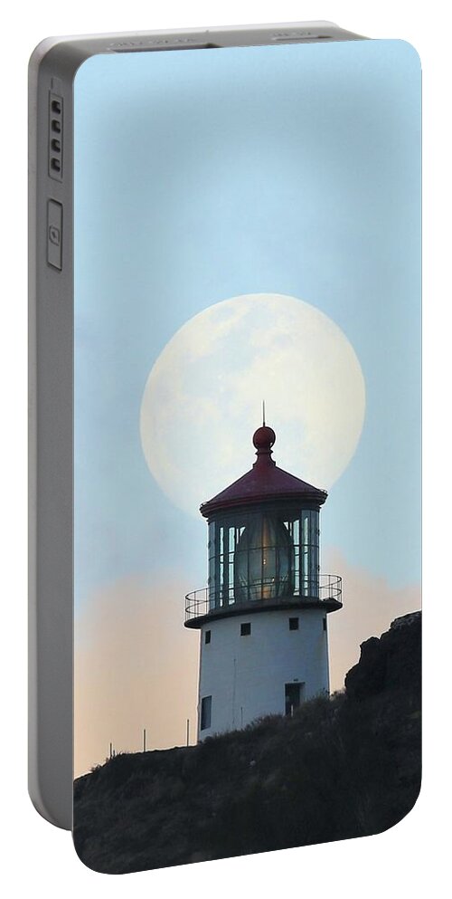 Photosbymch Portable Battery Charger featuring the photograph Full moon over Makapu'u Light #1 by M C Hood