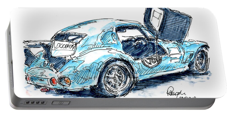Classic Portable Battery Charger featuring the drawing Ginetta G20CTC Classic Car Ink Drawing and Watercolor by Frank Ramspott