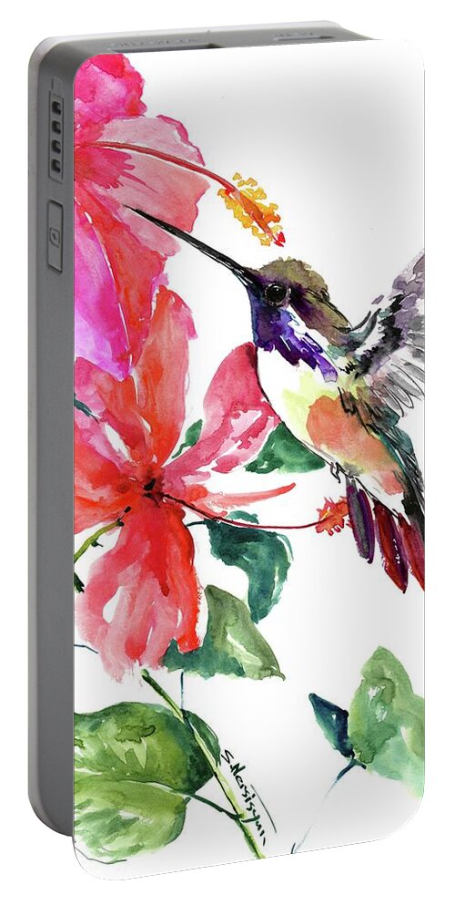 Hawai Portable Battery Charger featuring the painting Hibiscus and Hummingbird #1 by Suren Nersisyan