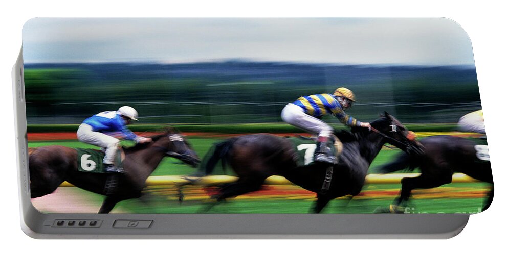 Motion Portable Battery Charger featuring the photograph Horse Race #1 by Jim Corwin