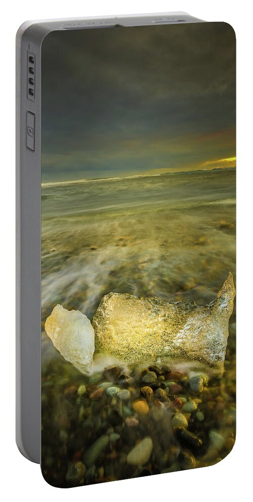 Iceland Portable Battery Charger featuring the photograph Ice in Surf at Dusk. #1 by Andy Astbury