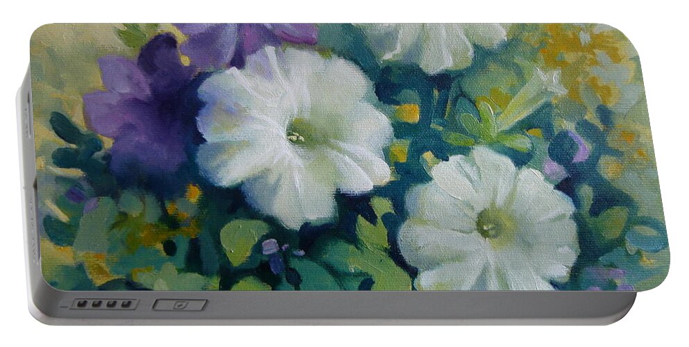 Petunias Portable Battery Charger featuring the painting In harmony #1 by Elena Oleniuc