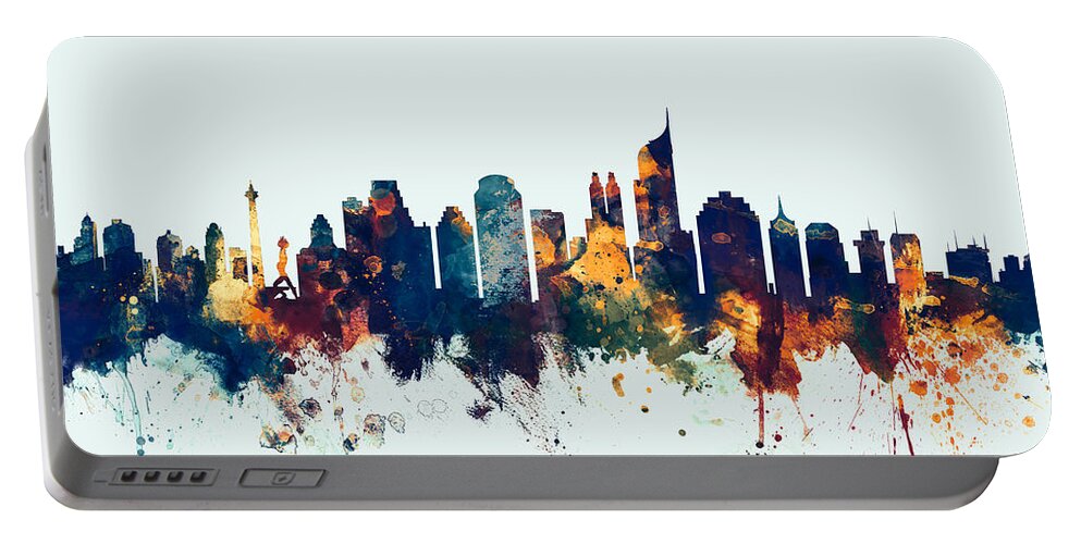 Watercolour Portable Battery Charger featuring the digital art Jakarta Skyline Indonesia Bombay #1 by Michael Tompsett