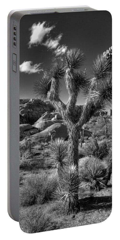 Black & White Portable Battery Charger featuring the photograph Joshua Tree and Cloud by Peter Tellone