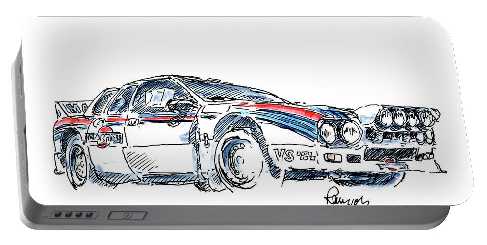 Lancia Portable Battery Charger featuring the drawing Lancia Rallye 037 Group B Fountain Pen Ink Drawing by Frank Ramspott
