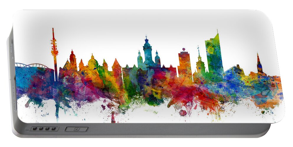 Leipzig Portable Battery Charger featuring the digital art Leipzig Germany Skyline by Michael Tompsett