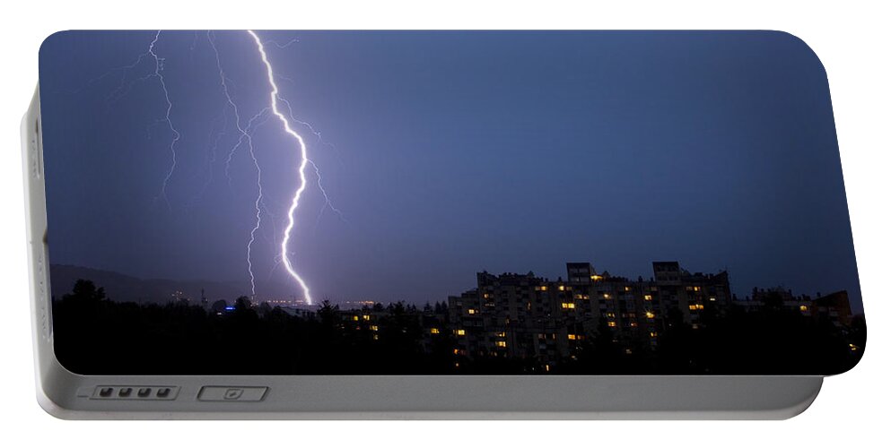 Weather Portable Battery Charger featuring the photograph Lightning strike #1 by Ian Middleton