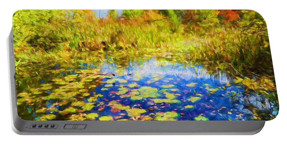 Autumn Portable Battery Charger featuring the painting Lily Pond by Lilia D