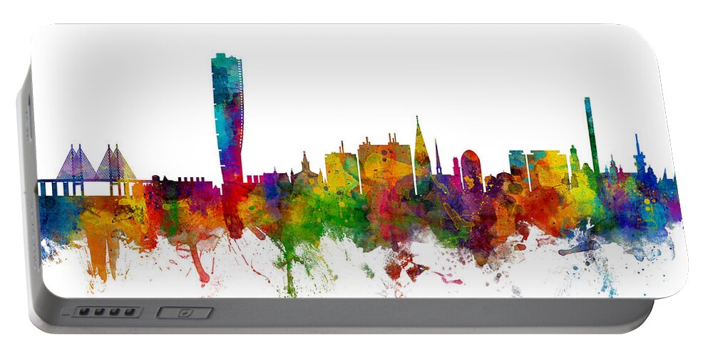 Sweden Portable Battery Charger featuring the digital art Malmo Sweden Skyline #1 by Michael Tompsett