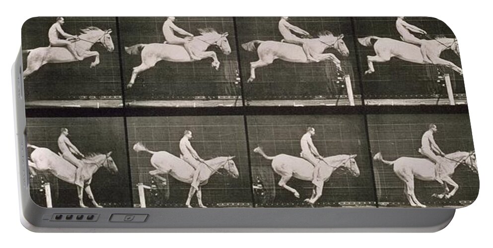 Muybridge Portable Battery Charger featuring the photograph Man and horse jumping a fence by Eadweard Muybridge