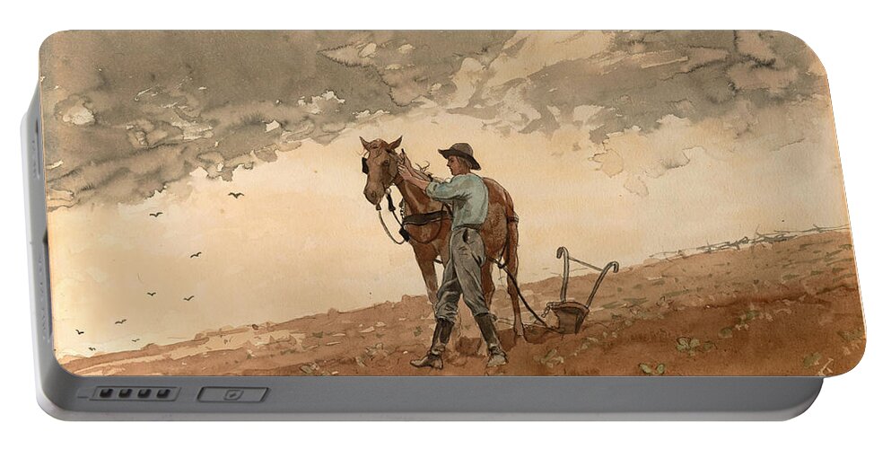 Winslow Homer Portable Battery Charger featuring the drawing Man with Plow Horse by Winslow Homer