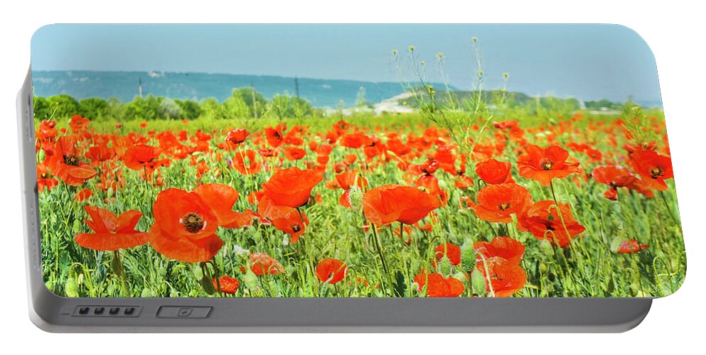 Red Portable Battery Charger featuring the photograph Meadow with red poppies #1 by Irina Afonskaya