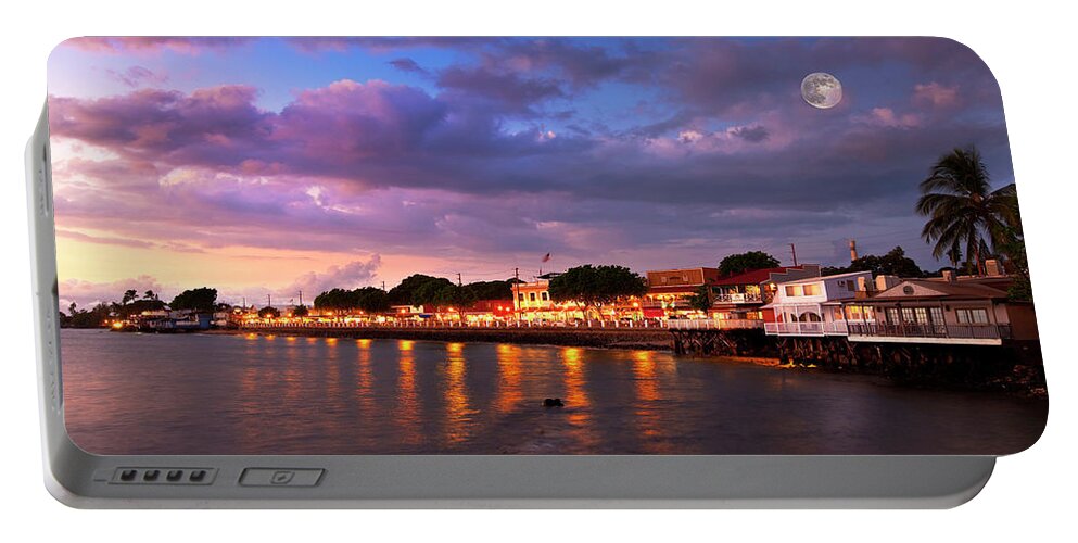 Lahaina Maui Hawaii City Lights Sunset Moon Seascape Portable Battery Charger featuring the photograph Moon Over Maui #1 by James Roemmling