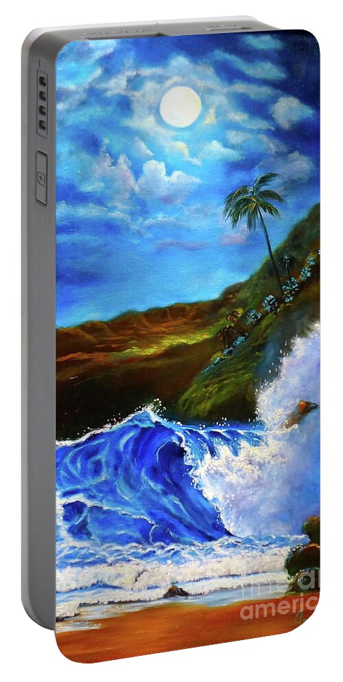 Tropical Moonlit Night Portable Battery Charger featuring the painting Moonlit Hawaiian Night by Jenny Lee