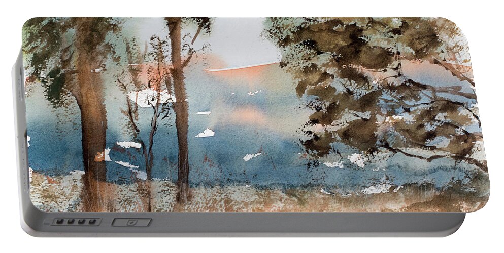 Australia Portable Battery Charger featuring the painting Mt Field Gum Tree Silhouettes against Salmon coloured Mountains #2 by Dorothy Darden