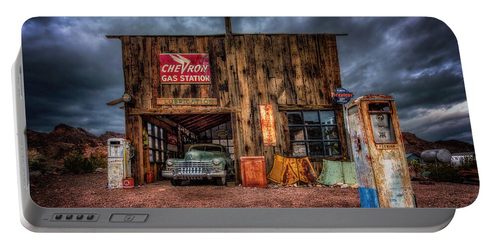 Nevada Portable Battery Charger featuring the photograph Nelson Nevada, Weathered Garage, Car, And Gas Pump #1 by Michael Ash