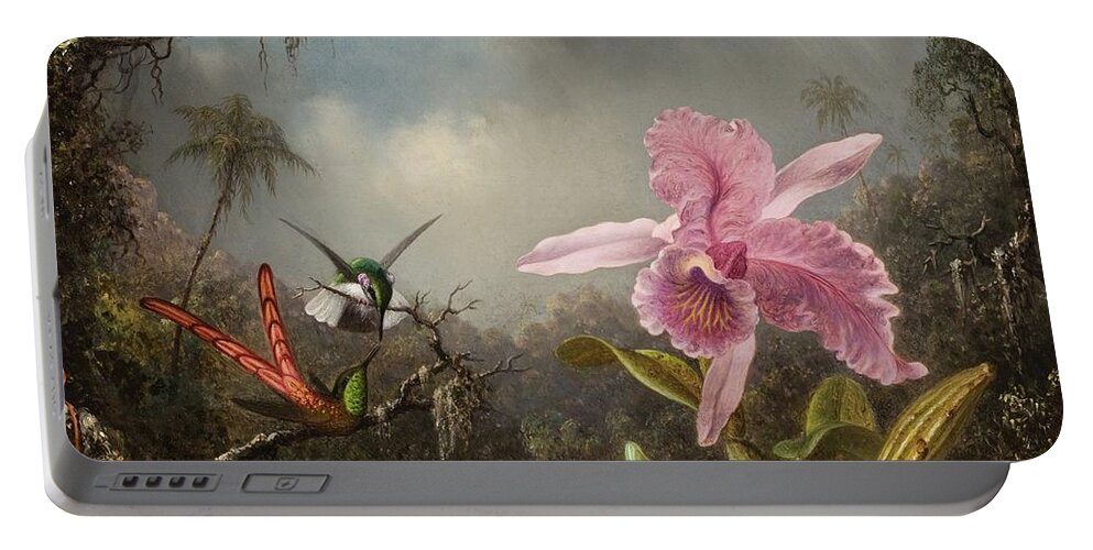 Orchid With Two Hummingbirds Portable Battery Charger featuring the painting Orchid with Two Hummingbirds #1 by Martin Johnson Heade