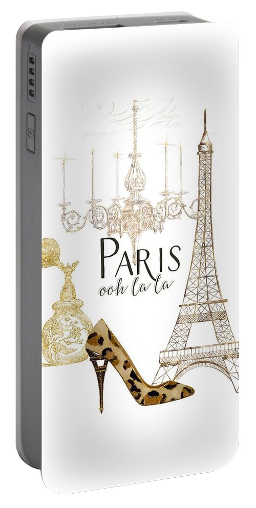 Fashion Portable Battery Charger featuring the painting Paris - Ooh la la Fashion Eiffel Tower Chandelier Perfume Bottle by Audrey Jeanne Roberts