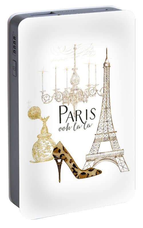 Fashion Portable Battery Charger featuring the painting Paris - Ooh la la Fashion Eiffel Tower Chandelier Perfume Bottle #1 by Audrey Jeanne Roberts
