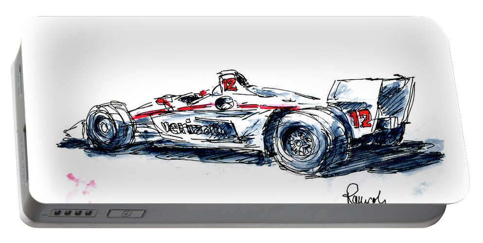 Penske Portable Battery Charger featuring the drawing Penske Racing Indycar Ink Drawing and Watercolor by Frank Ramspott