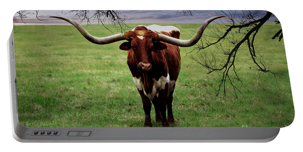 Acrylic. Portable Battery Charger featuring the painting Photo Texas Longhorn A010816 by Mas Art Studio