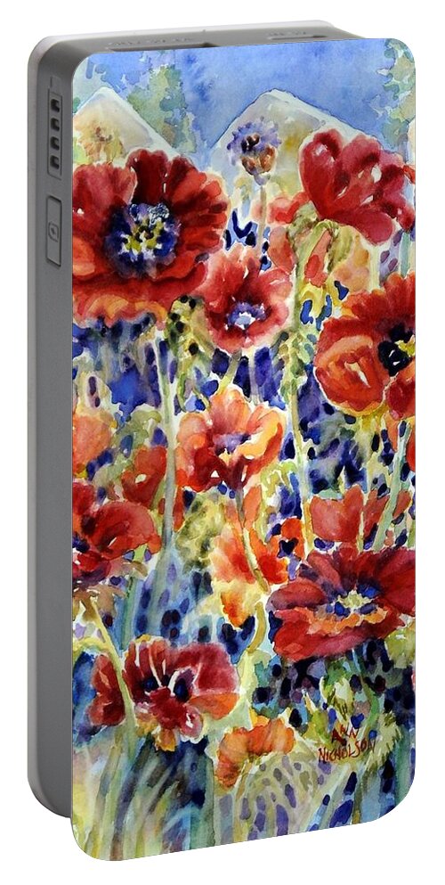 Watercolor Painting Portable Battery Charger featuring the painting Picket Fence Poppies #1 by Ann Nicholson