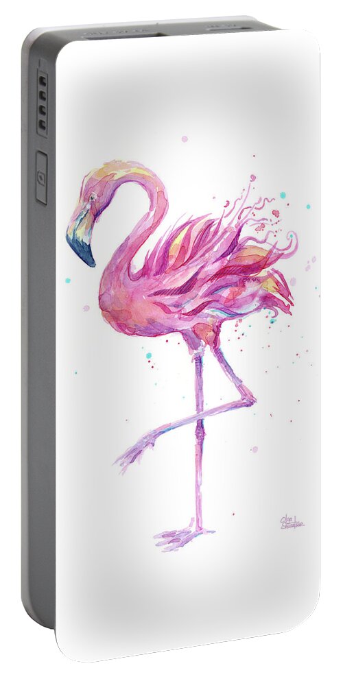 Flamingo Portable Battery Charger featuring the painting Pink Flamingo Watercolor by Olga Shvartsur